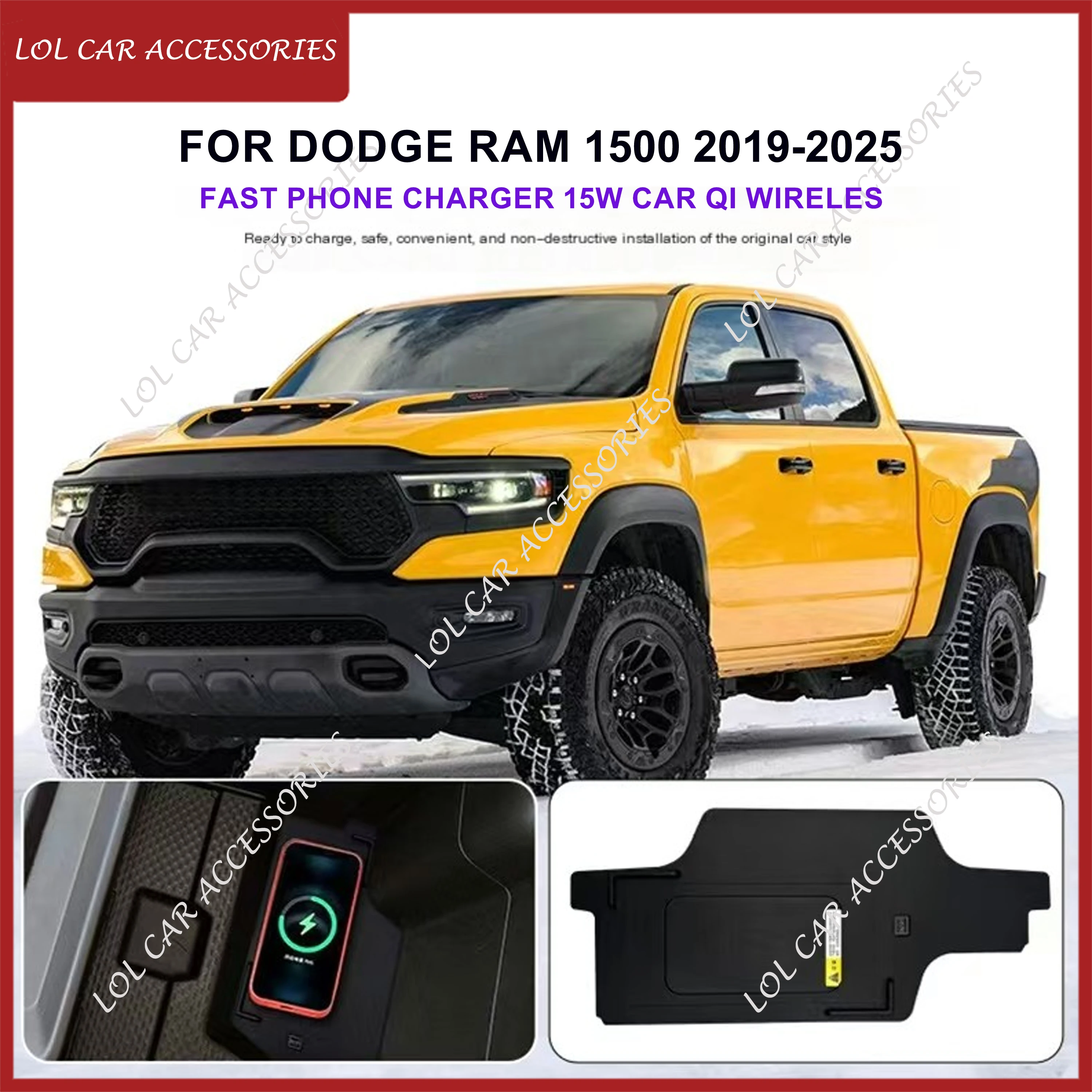 For Dodge Ram 1500 2019-2025 Fast Phone Charger 15W Car QI Wireless Charging Panel Plate Holder