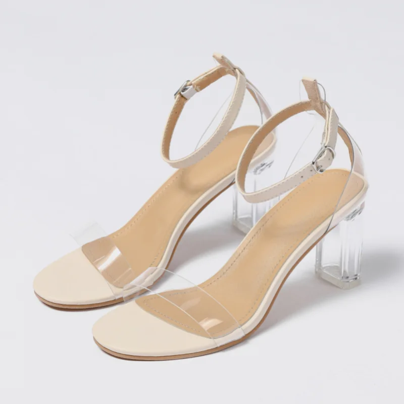 2023 Women Sandals Clear Heels Summer Chunky Heeled Sandals Sexy One Strap Peep Toe Party Prom Ankle Buckle Block Heel Big Size