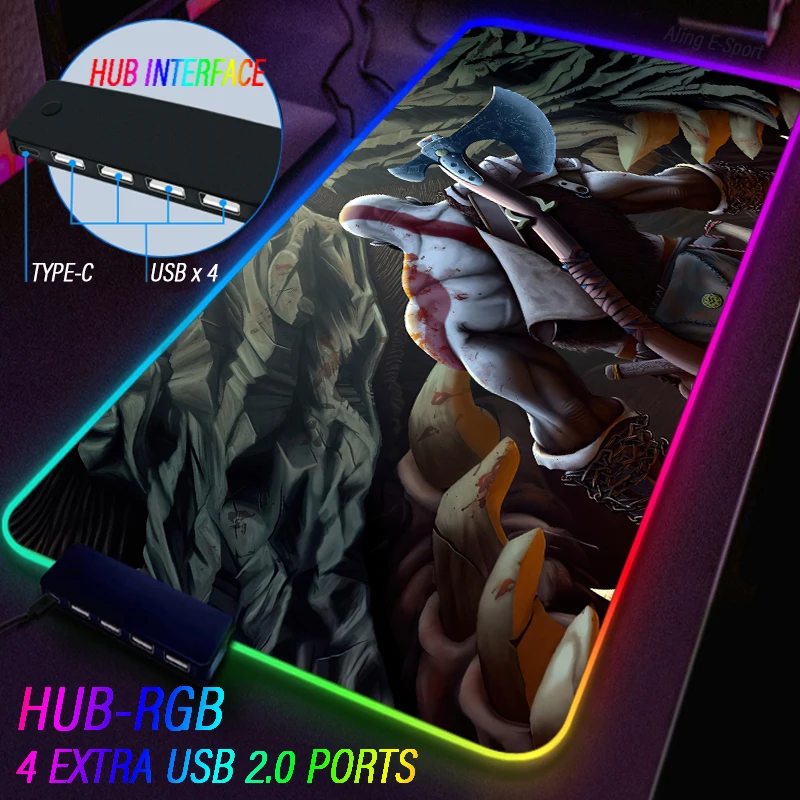 Imagem -02 - Grande Kratos Atreus Mouse Pad Rgb Brilhante Tapete de Teclado Esports com Hub Extensível Tapete Usb Phantom Color God of War Portas