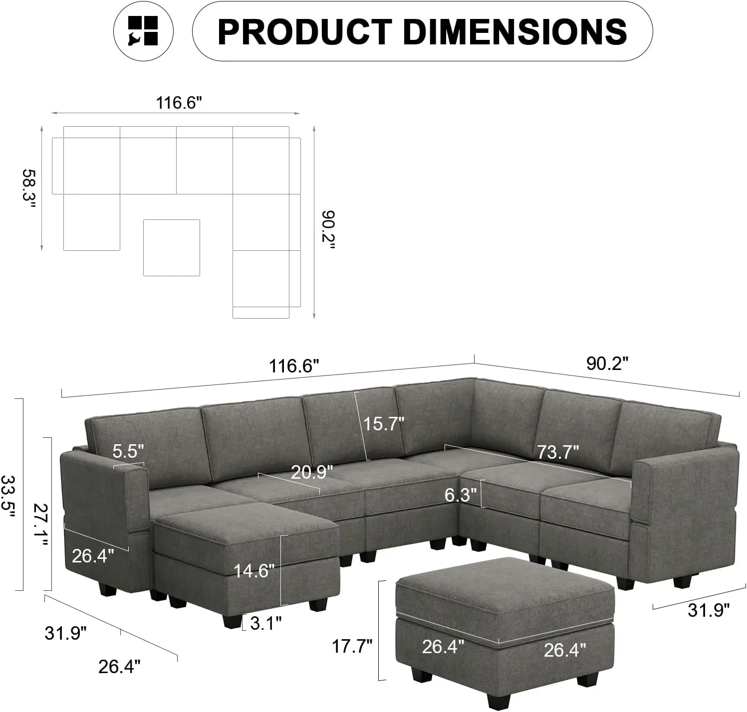 Oversized Modular Sectional Sofa U Shaped Couch Set with Storage Seat Convertible Large Couch U Shape Set Grey