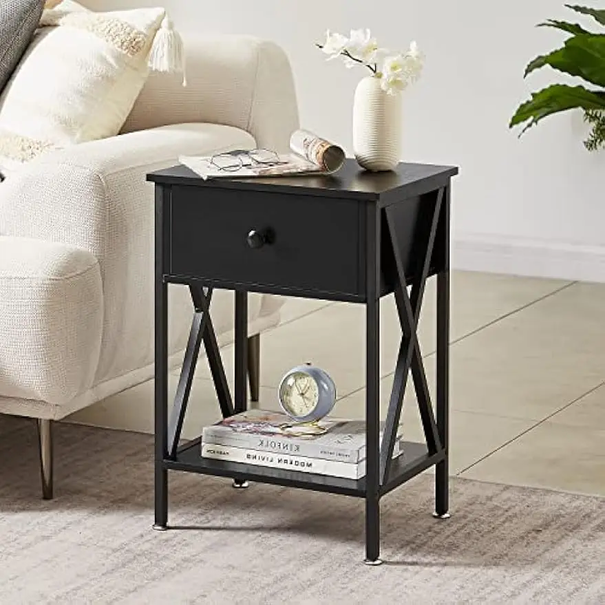 Nightstands, Modern End Side Tables,Night Stand with Drawer &Storage Shelf for Bedroom living Room Office Lounge, Black