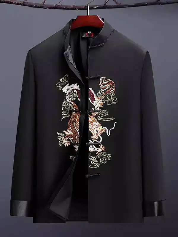 Men's Embroidered Dragon Tang Suit Chinese Jacket Formal Wear Annual Event Performance Costume Red Black