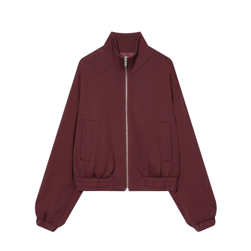 Wijnrood kort vluchtjack voor dames, volledige ritssluiting, opstaande kraag, losvallende jas met zakken, trendy casual stijl