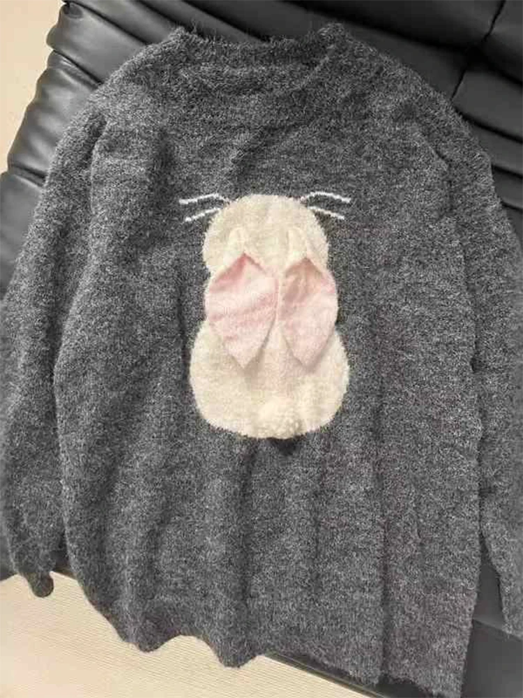 Lazy Style Gray Cubic Rabbit Sweater Women Autumn Winter New Loose Knitwear Lady Daily Soft Pullover Tops