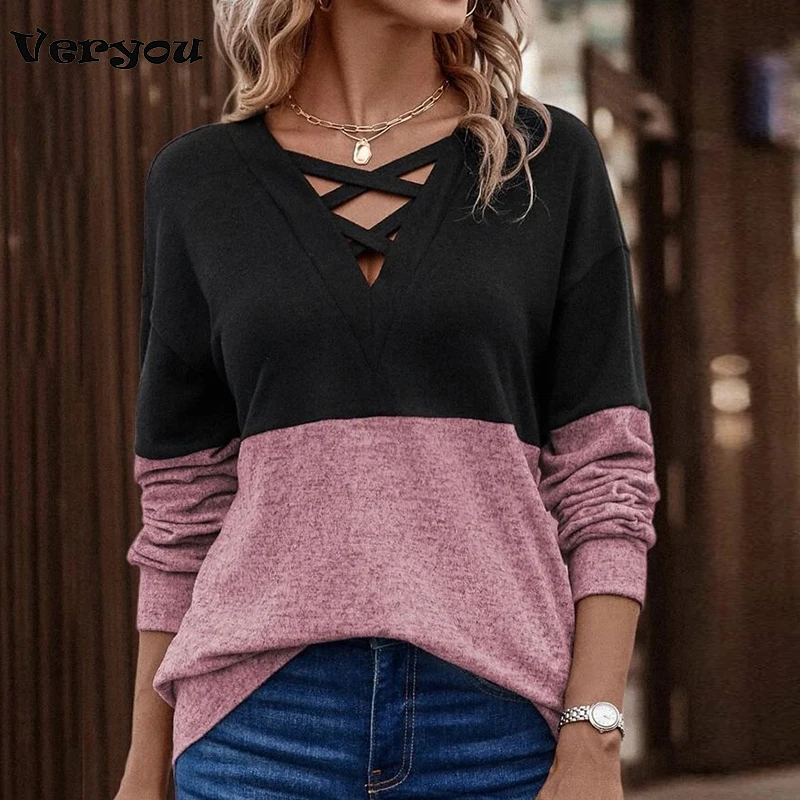 Autumn Long Sleeve Blouses For Women Fashion 2024 V Neck Patchwork Color Loose Shirt Women Pullovers