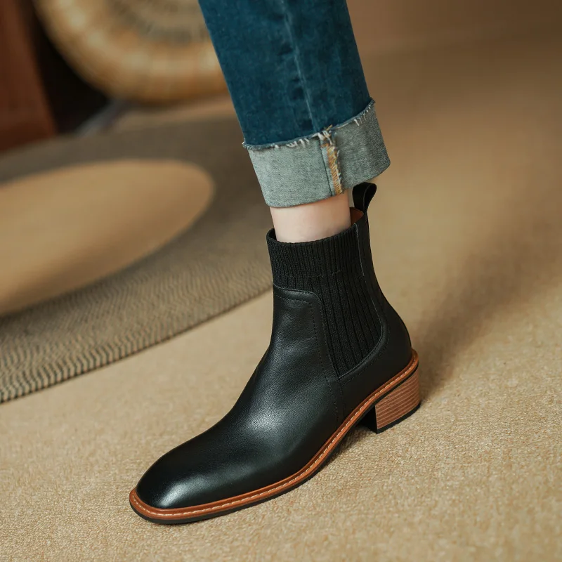 2024 Winter/Autumn Women Boots Ankle Boots Genuine Leather Shoes for Women Chelsea Short Boots Chunky Heel Ladies Women Shoes