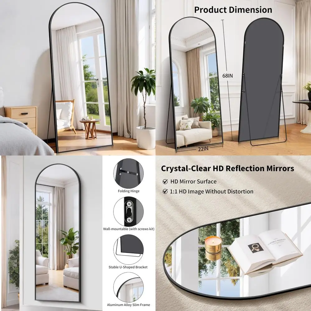 Vloerstaande spiegel over de hele lengte, 68x22 zwart aluminium frame, vrijstaande en aan de muur gemonteerde lichaamsspiegels