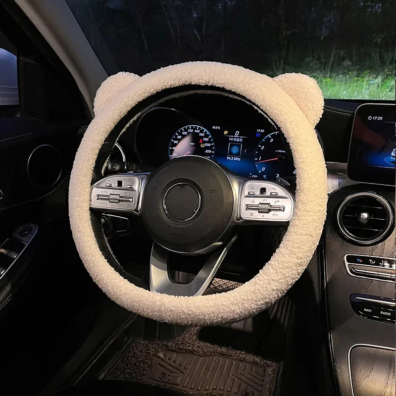 

Новый зимний теплый мягкий плюшевый чехол на руль автомобиля с мультяшными медвежьими ушками, чехол для ручного руля, аксессуары для интерьера 38 см