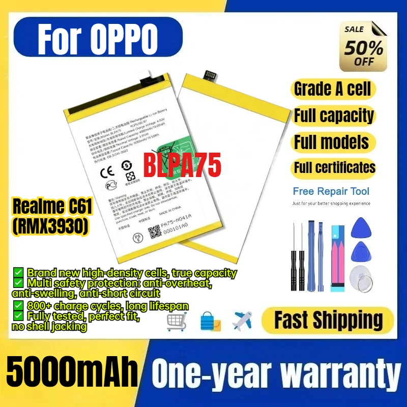 BLPA75 for OPPO Realme C61 (RMX3930) Phone Battery 0Cycle High Quality High Capacity Replacement Bateria Grade A Cell with Tools