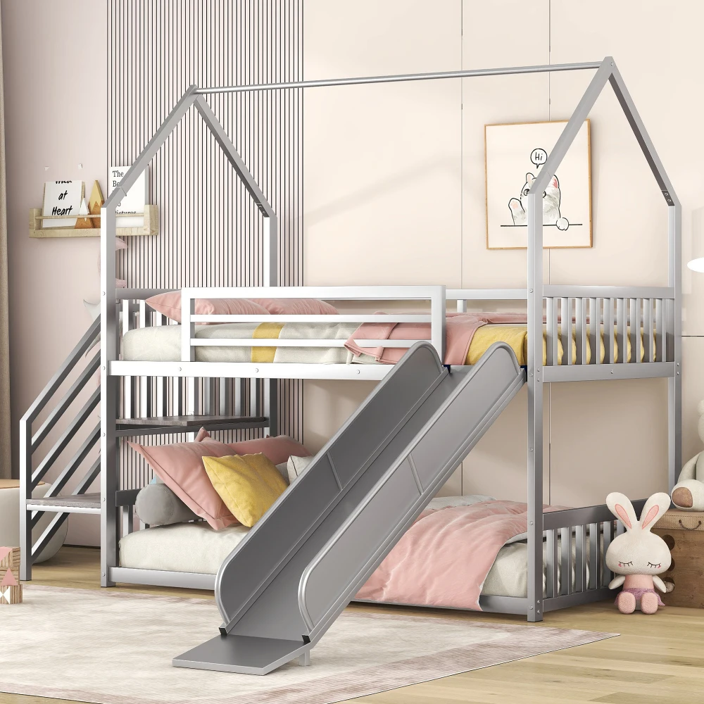 

Twin Over Twin Metal Bunk Bed House Bed with Slide and Staircase