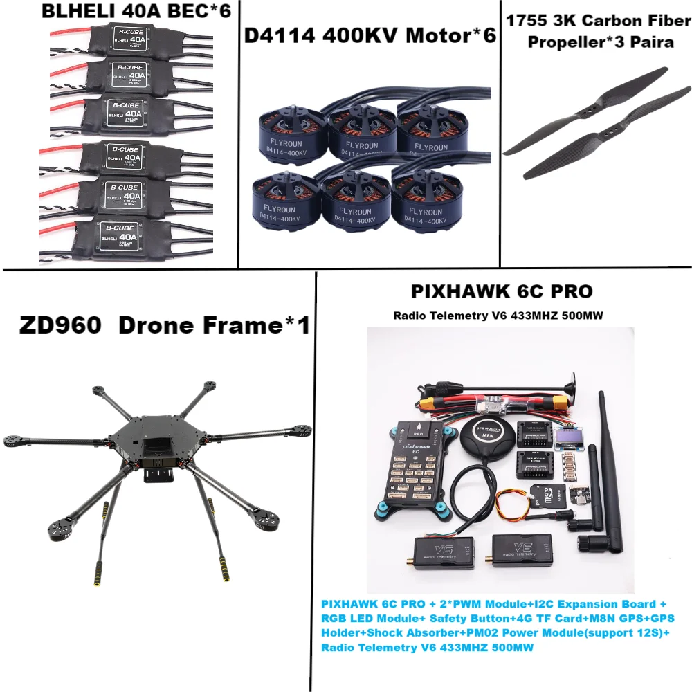 ZD960 PIXHAWK 6C PRO M8N M9N M10 Cadre Hexa-Rotor Entièrement en Fibre de Carbone, BLHELI 40A ESC, Contrôle de Vol, Ensemble de Télémétrie Rado