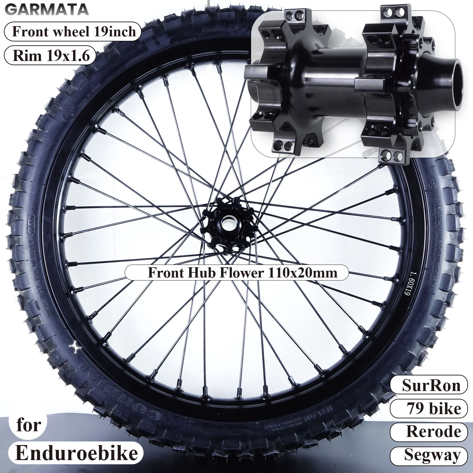 Rueda delantera Garmata para bicicleta eléctrica, 19 pulgadas, con neumático 70/100-19, accesorios para bicicleta de carretera, eje de 20 mm, orificios para eje de 110 mm de ancho.
