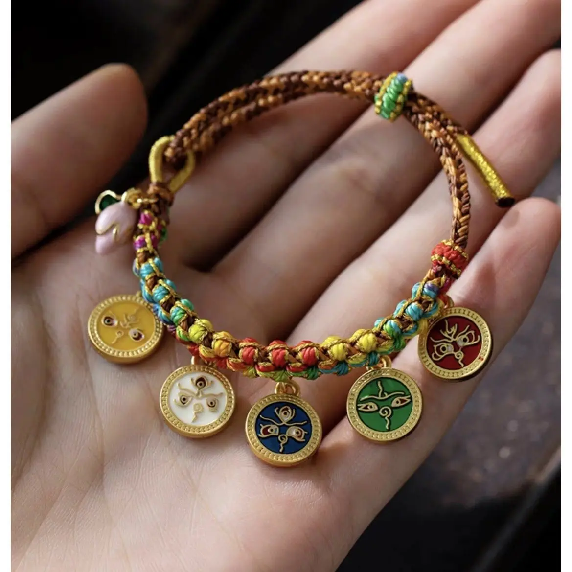 Tibetan Hand Thangka Hand-Woven Colorful Rope Five-Way God Of Wealth Bracelet For Men And Women National Peach Blossom Knot