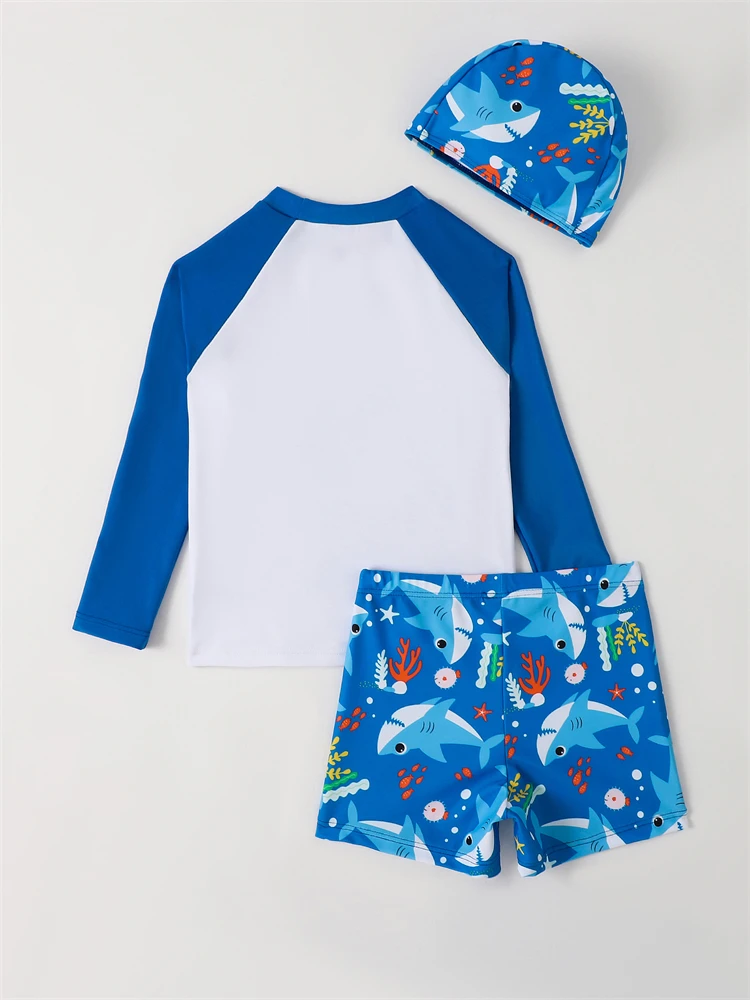 Boy Kids Swimsuit 2024 New Blue Shark Pattern Long Sleeve Children Swimwear Summer Three Piece Beachwear Bathing Suit Swimming