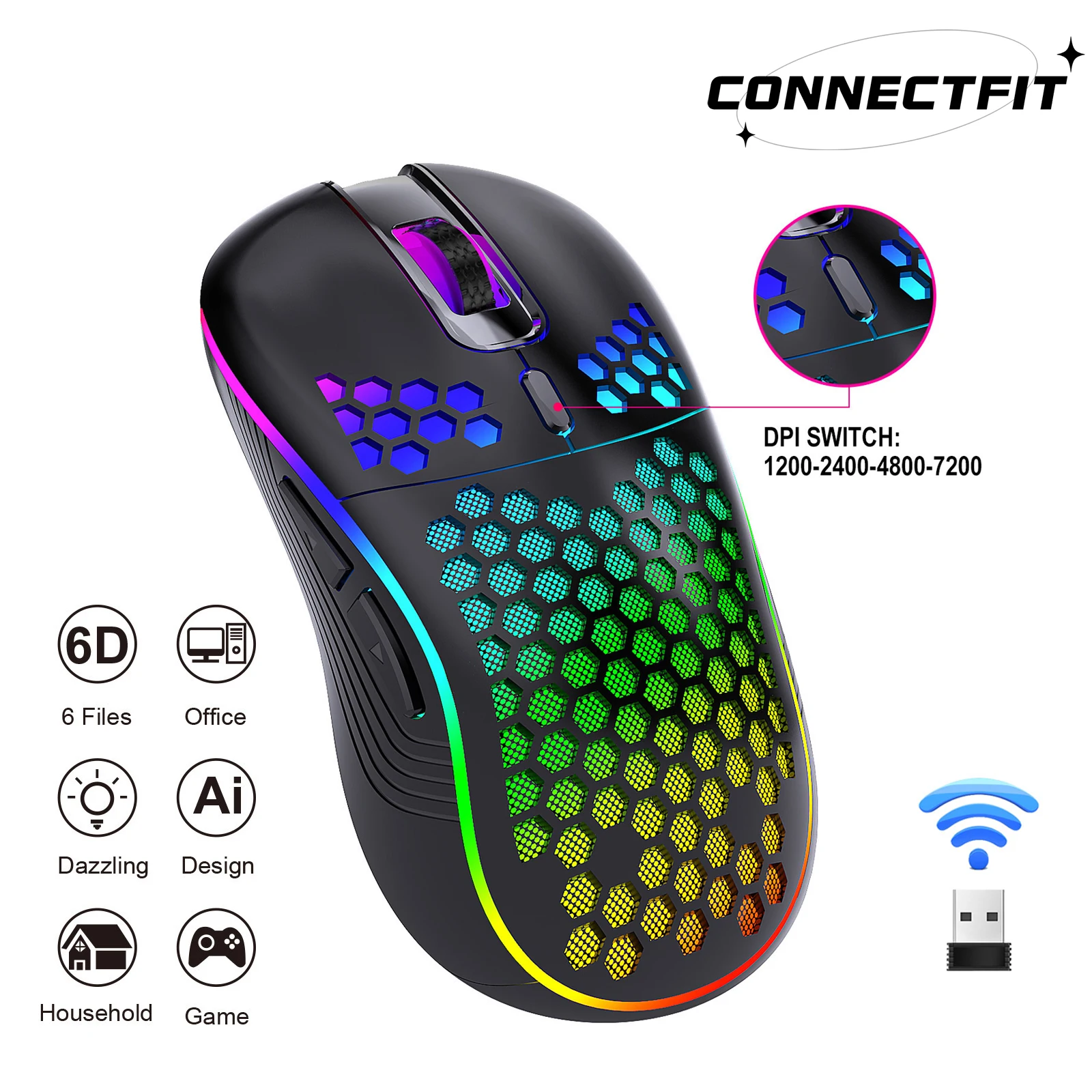 Wireless Mouse 2.4G Rechargeable Gaming Mouse Adjustable DPI 6 Buttons Ergonomic Mice For Windows PC Computer Laptop MacBook