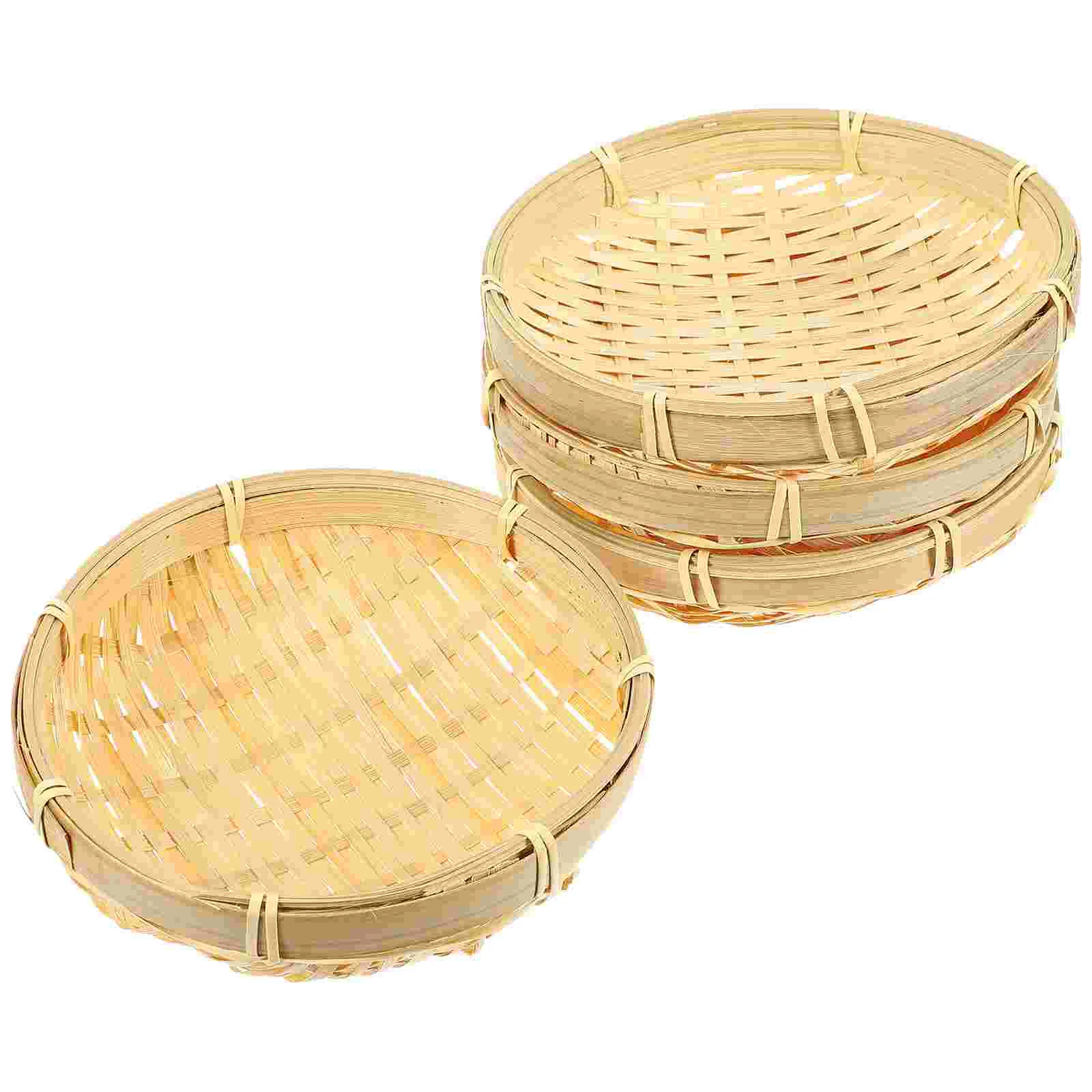 4 Pcs Serving Tray with Handles Bamboo Plate Woven Baskets Desktop Organizer Round Toy Storage