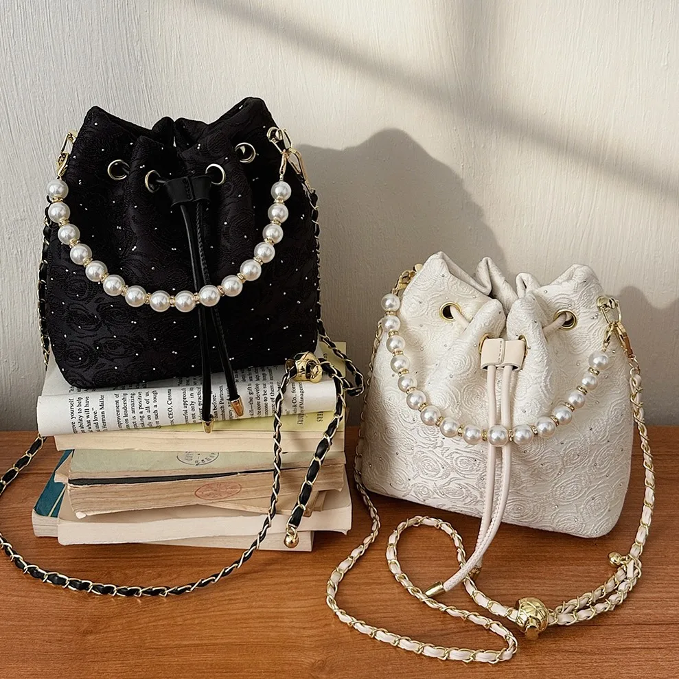 

Pearl Beaded Design Ladies Bucket Bag Casual Fashion Crossbody Bag Rose Pattern Drawstring Handheld Bag Lady Shoulder Bag Purse