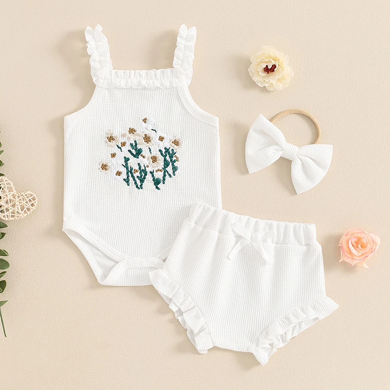 Newborn Set Baby Girl Summer 3pcs Outfits Waffle Flower Embroidered Sleeveless Romper Ruffles Shorts Headband Clothes