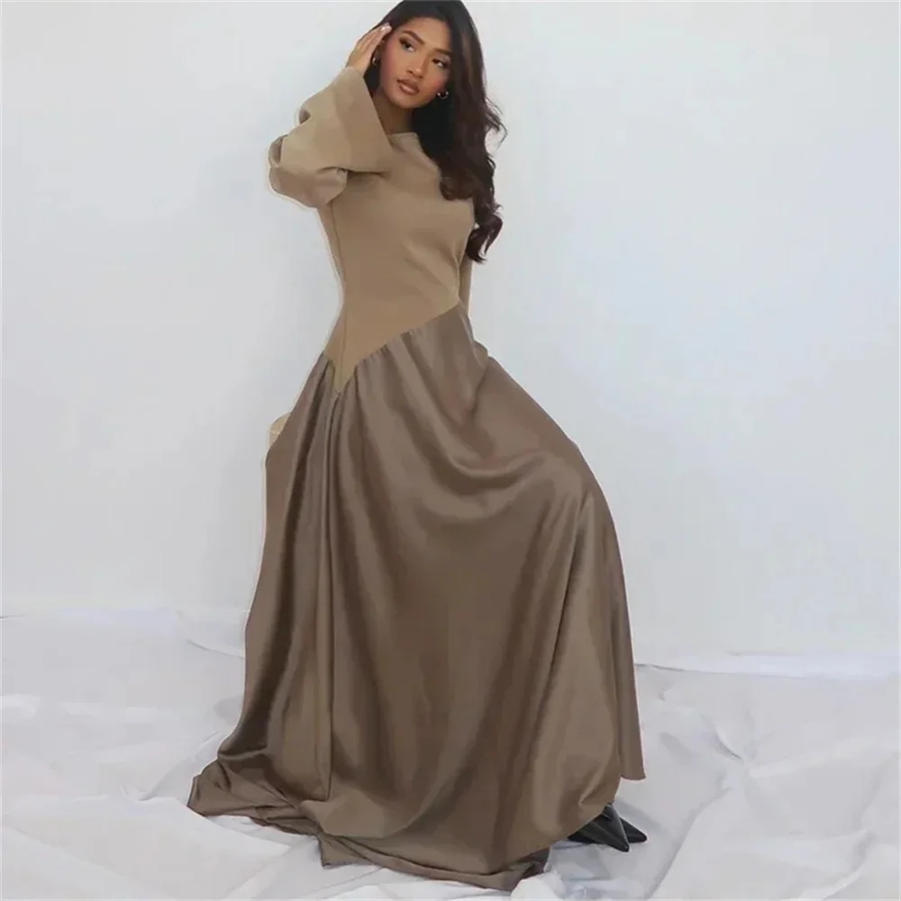 

Elegant Satin Patchwork Loose Maxi Dress Women Elegant O Neck Contrast Summer Casual Long Sleeves Dresses