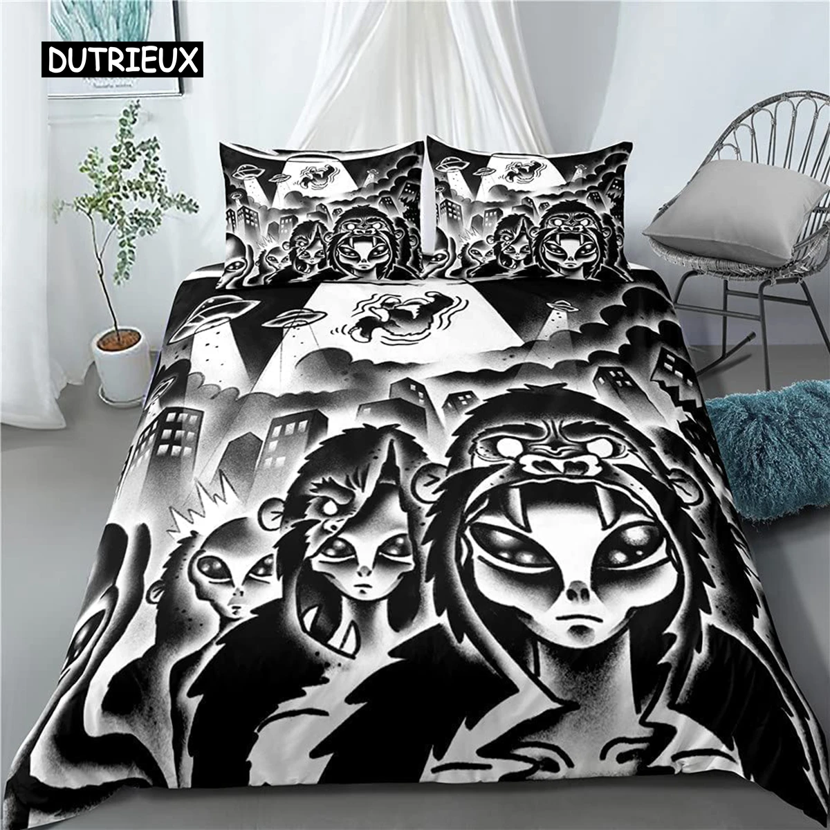 

Alien UFO Duvet Cover Queen Boys Kids Supernatural Martiansal Beings From Other Planets Head of An Alien Polyester Qulit Cover