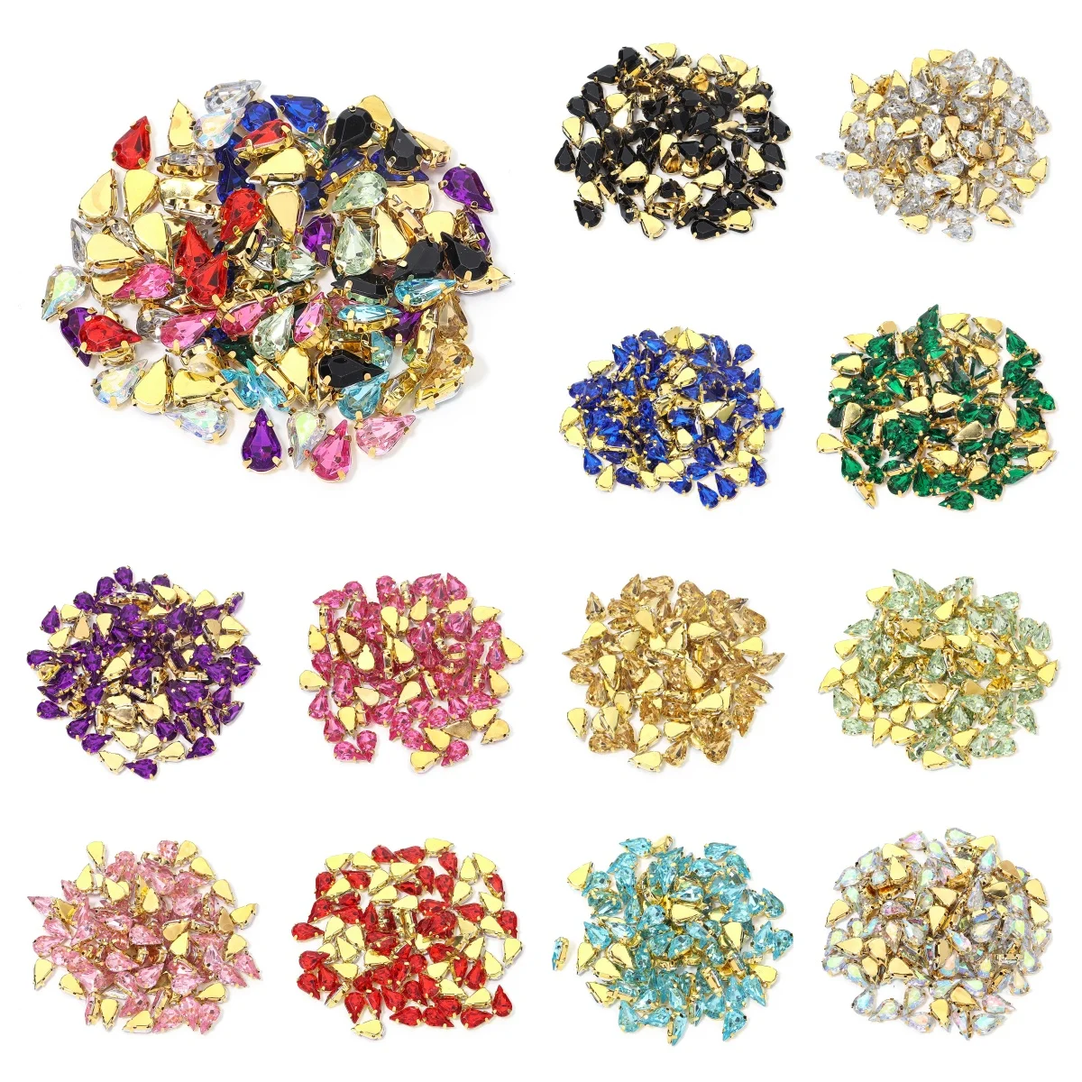 50 Uds. Diamantes de imitación acrílicos con forma de lágrima y purpurina con garra dorada para coser en cristales, diamantes de Strass para accesorios de ropa