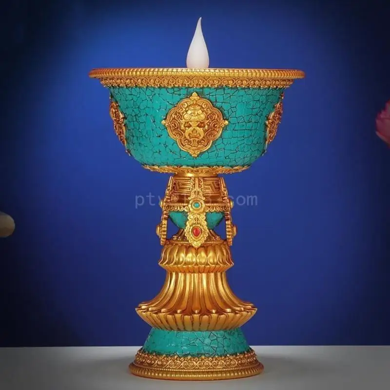 Tibetan Electronic Butter Lamp Rechargeable Holder Buddhist Table Candlestick Ornaments LED Flame Household Decor