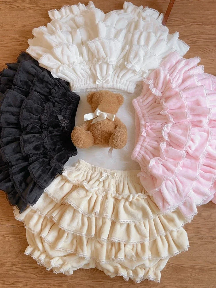 Elastic Pink Japanese Kawaii Lolita Skirt Women Wool Warm Winter Korea Cake Skirt 2024 Bow Princess Cute Party Mini Skirt Shorts