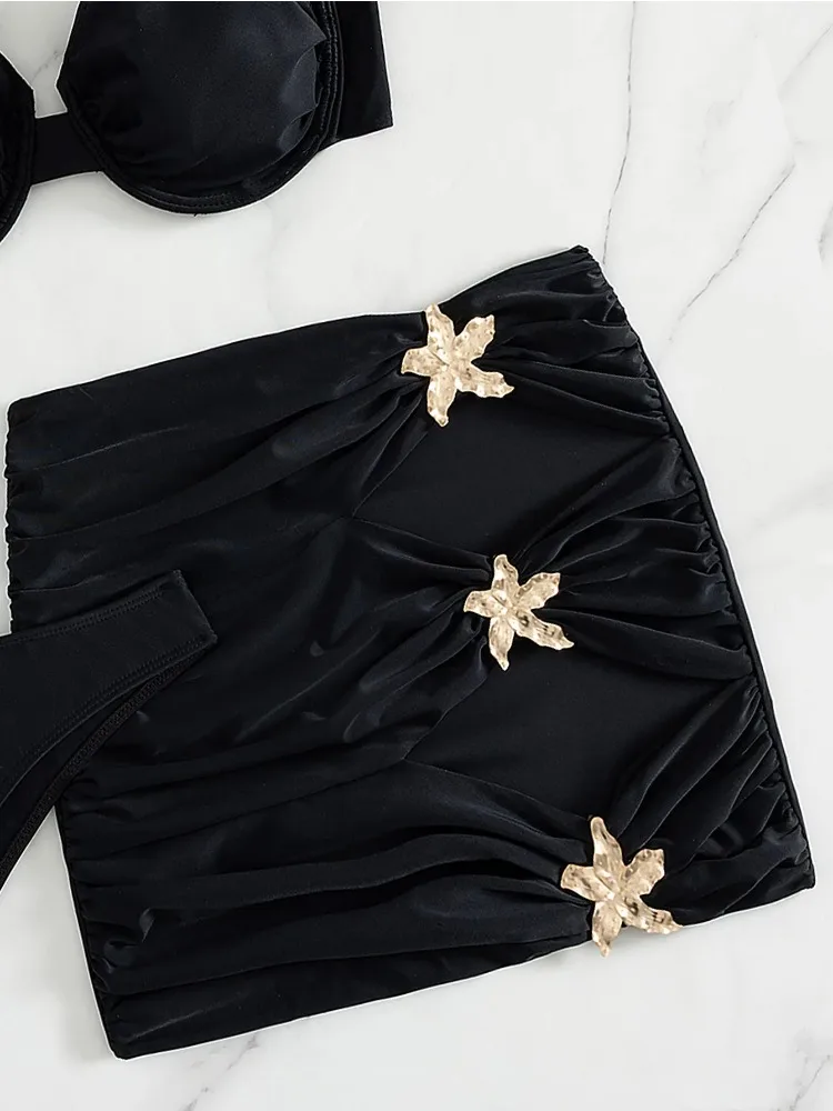 2025年女性用セクシープッシュアップアンダーワイヤーブラックホローアウトスターフィッシュスカート3ピースビキニセットサマーホリデー水着バケーション衣装