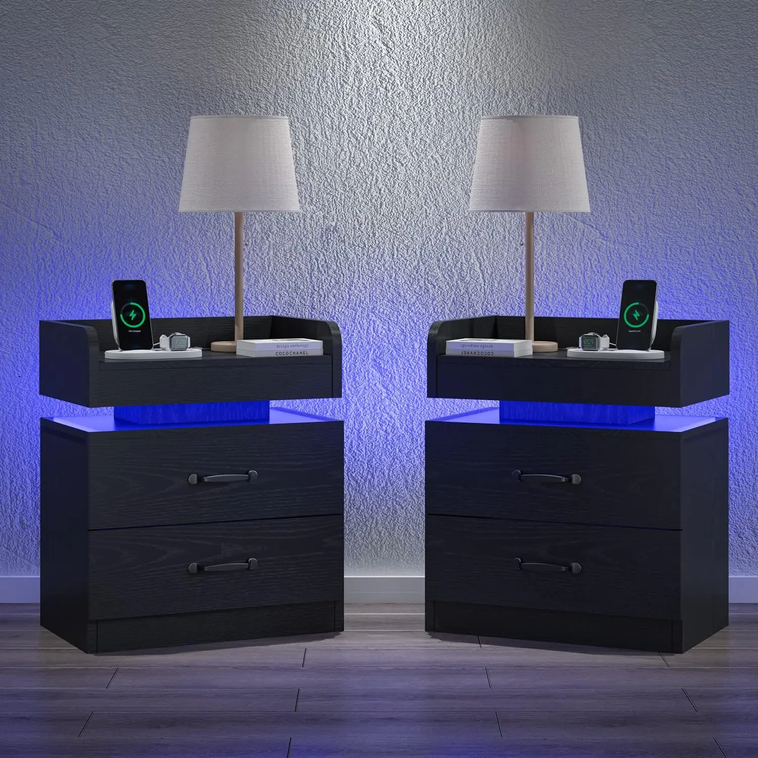 Nightstand Set of 2 with Charging Station, Black Night Stand with LED Lights