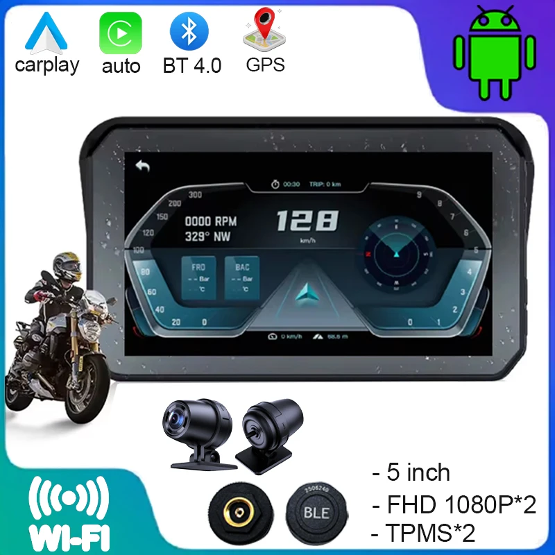 Car Motorcycle Carplay Waterproof 1080P 5 inch WiFi Wireless Android-Auto DVR Monitor Dash Cam GPS Navigation TPMS +SD