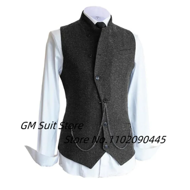 

Men's 2022 Suit Vest Casual Slim Fit Wool Tweed Stand Collar Business Herringbone Single Breasted Groomsman Jacket Wedding Party