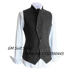 Men's 2022 Suit Vest Casual Slim Fit Wool Tweed Stand Collar Business Herringbone Single Breasted Groomsman Jacket Wedding Party