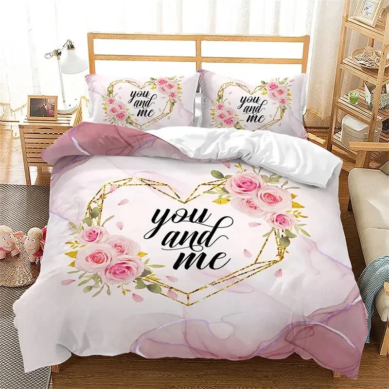 Love Heart Duvet Cover Pink Romantic Bedding Set Microfiber Comforter Cover For Girls Teen Couple Valentine's Day Wedding Decor