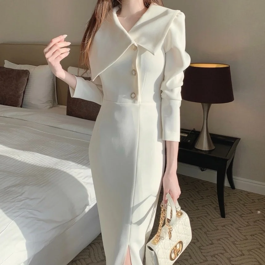 

Asymmetric Slim Fit Commute Dr Women's Faionable Large Collar Korean Sle Mid-Length Skirt Single-Piece Casual Wear