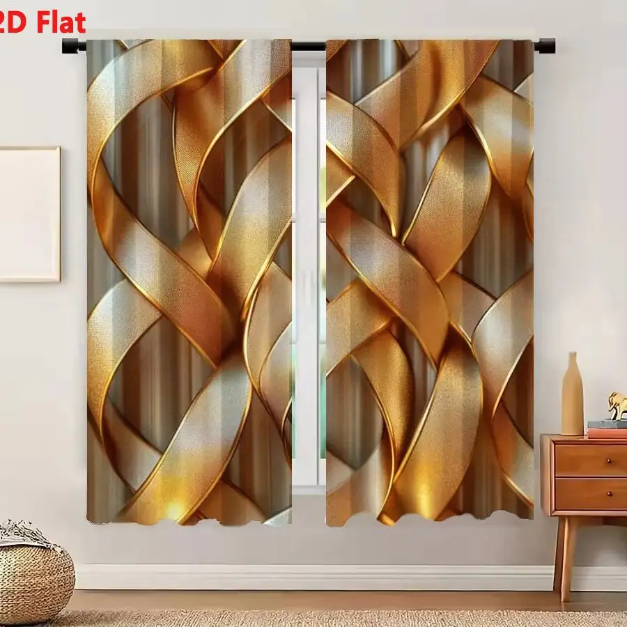 2Pcs Curtains 2D Flat Intricate Three - Dimensional Pattern Interwoven Golden Satin - Like Ribbons Crisscrossing Lattice Structu