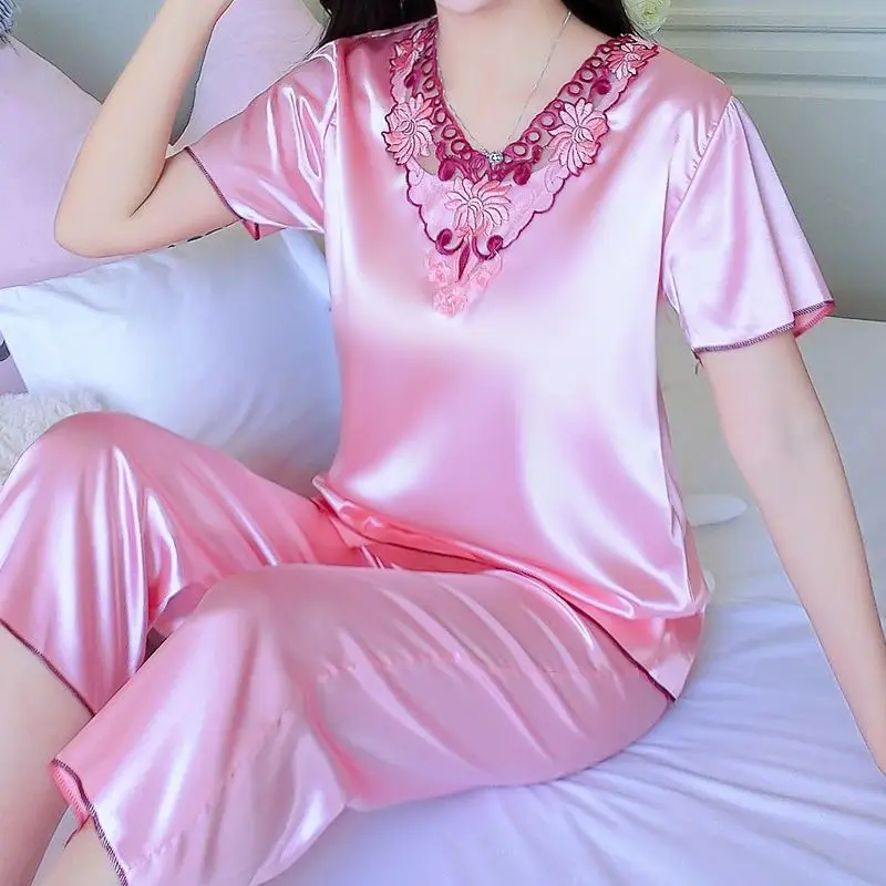 Large Size Pajamas Female Summertime Thin Sweet Lace Lace Ice Silk Solid Color Two-piece Suit Loungewear Loungewear Women