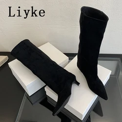 Liyke 2026 New Sexy Pointed Toe Knee High Boots Women Autumn Winter Low Thin Heels Pumps Cozy Ladies Party Long Shoes Size 35-40