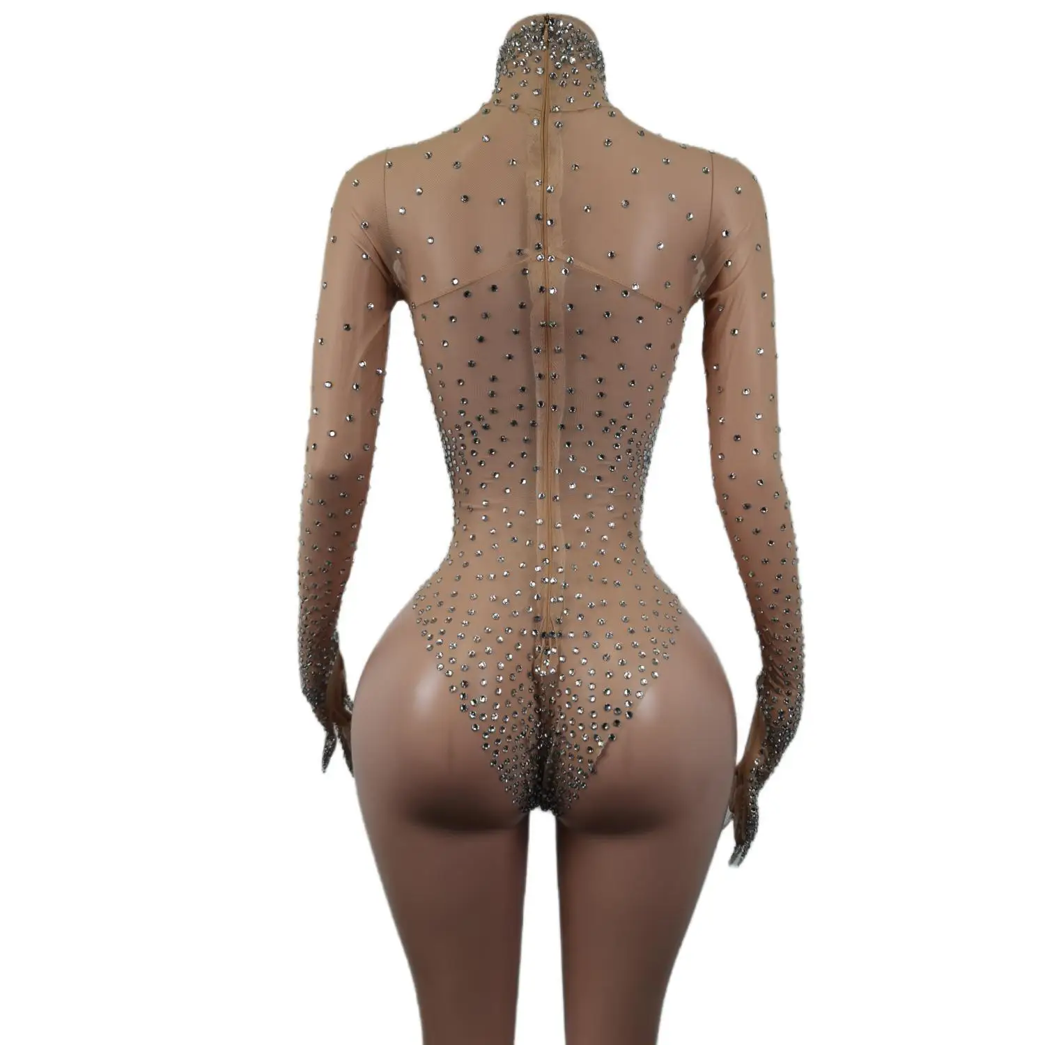 Sexy Rhinestone Women Long Sleeve Bodysuit Gloves Party Tight Fitting Leotard Dancer Nightclub Stage Designer Clothes Liangjia