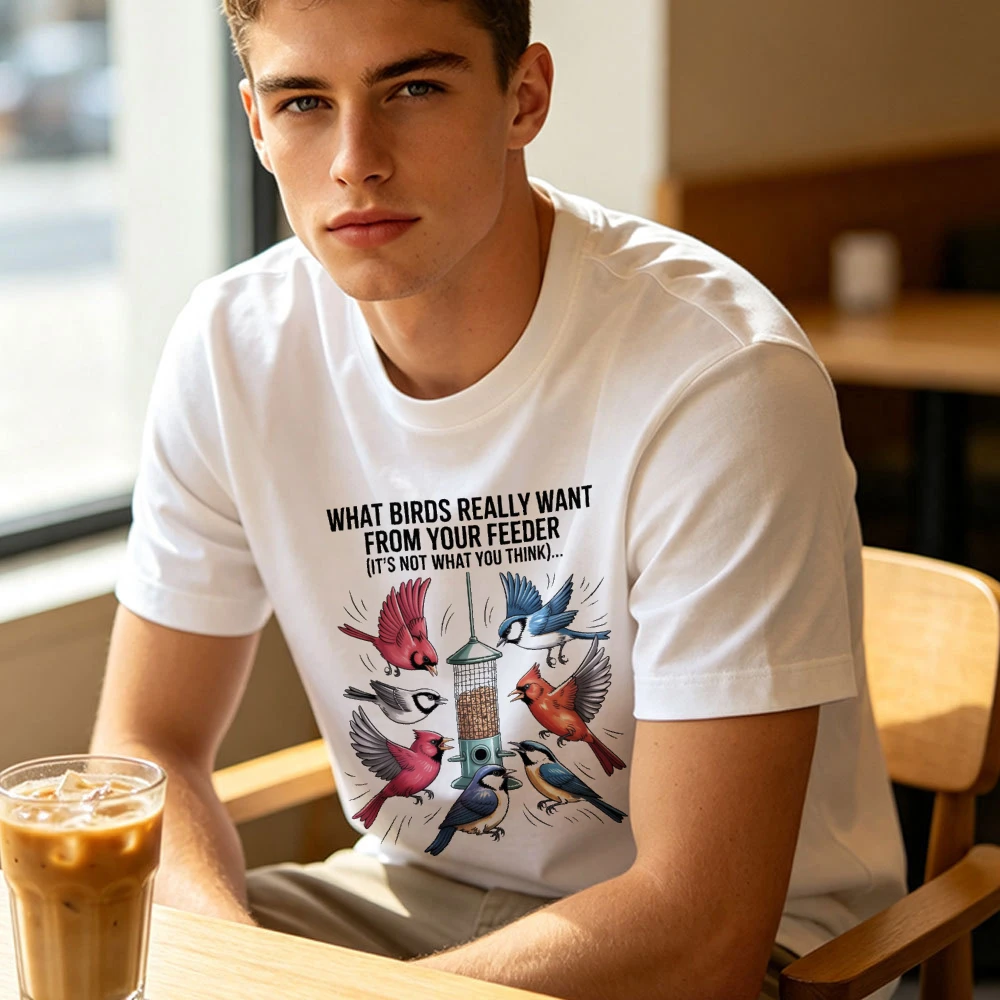 What Birds Really Want From Your Feeder Funny Crowded Bird Feeder Chaos Print Male T Shirt Sarcastic Ornithologist Humor Tee