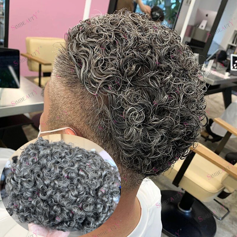 

Strong Durable Full Injection Silicon 1B65 Grey Curly Toupee 100% Human Hair 1B50 1B40 Black Man's Wigs Natural Hairpieces