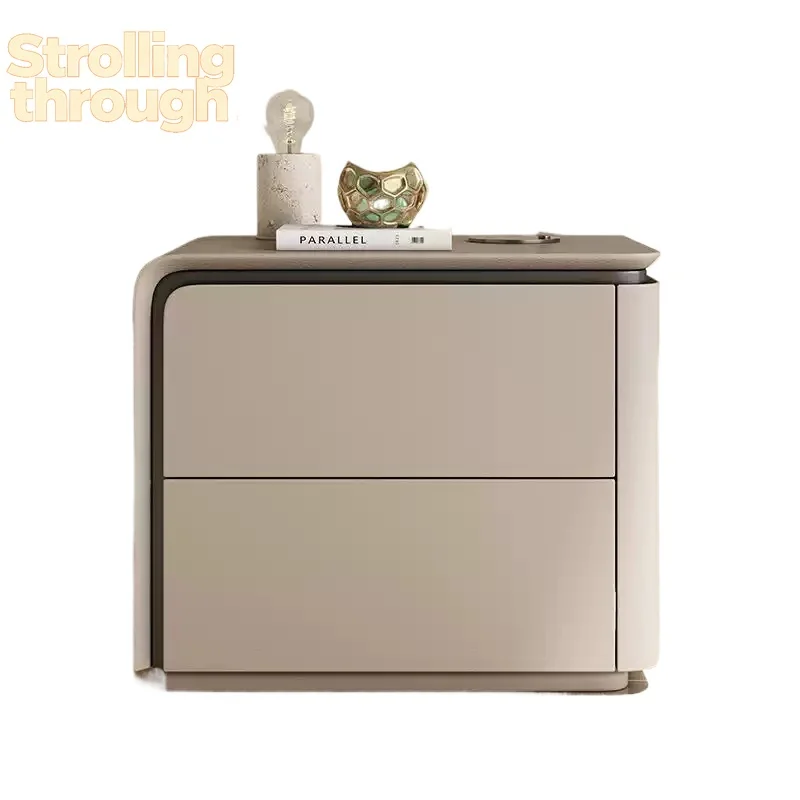 

Modern Minimalist Solid Wood Nightstand -Dual Drawer Storage Cabinet Leather Handles,Italian-Style Rounded Corners Bedside Table