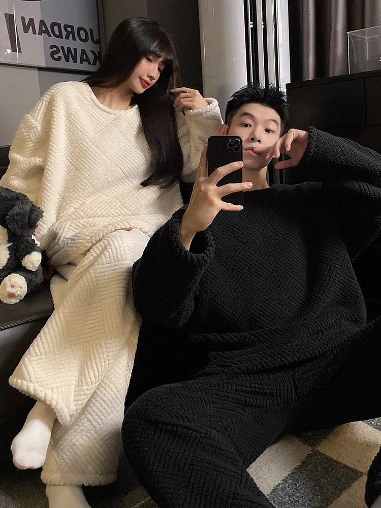 DAIMELU male sleepwear pajamas set long sleeved winter coral fleece piled thickened teen warm winter solid color loungewear men
