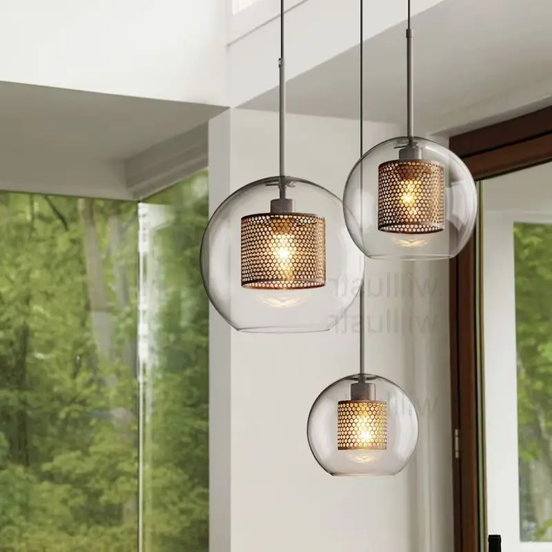 Transparent Glass Pendant Light Iron Sieve Net Suspension Lamp Dining Room Restaurant Hotel Loft Hanging Ceiling Chandelier