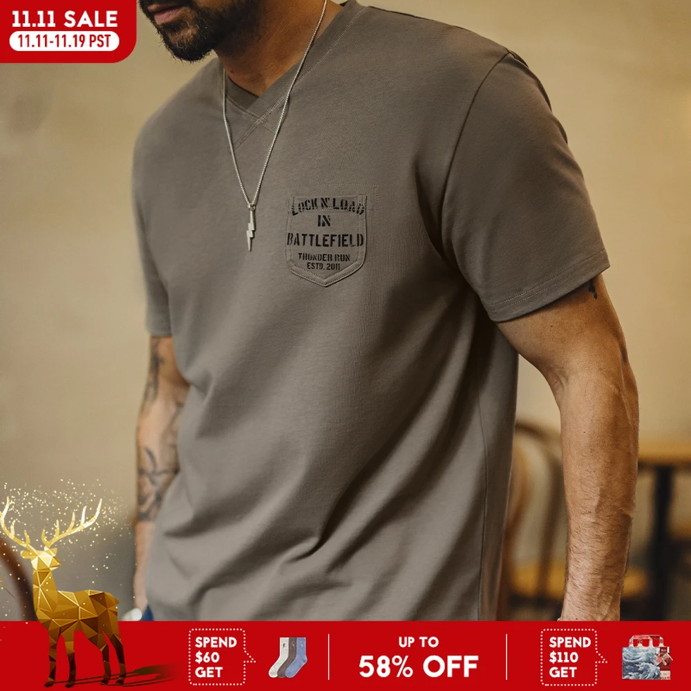 

Maden Men's Summer Vintage Military Print Chest Pocket Short Sleeves T-Shirt Ribbed V-Neck 100% Cotton Tee Casual Street Tops