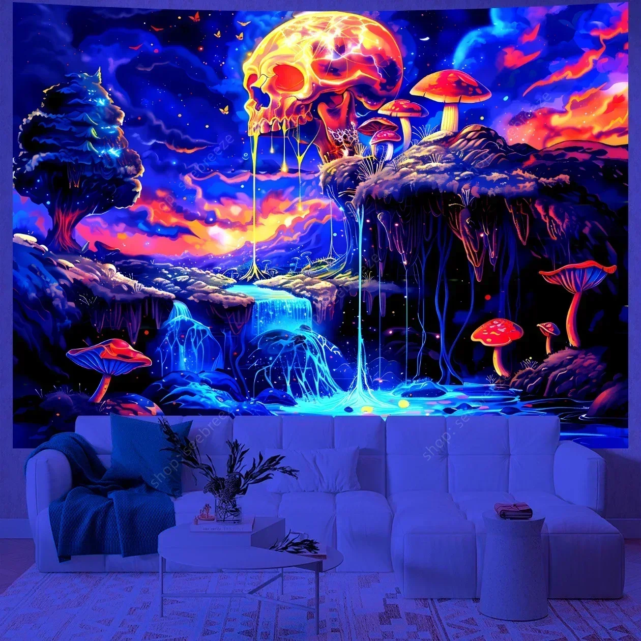 Psychedelischer Totenkopf, UV-reaktiv, Wandteppich, Hippie-Skelett, Wandteppich, Wandbehang, Gothic, Heimdekoration, Raumdekoration, Hexerei-Zubehör