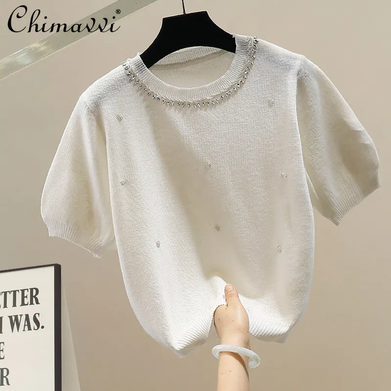

New Korean Style Round Neck Short Sleeve Knitted Top Women's Fashion White Beaded Embellished Slim Fit Elegant Ladies' Tops