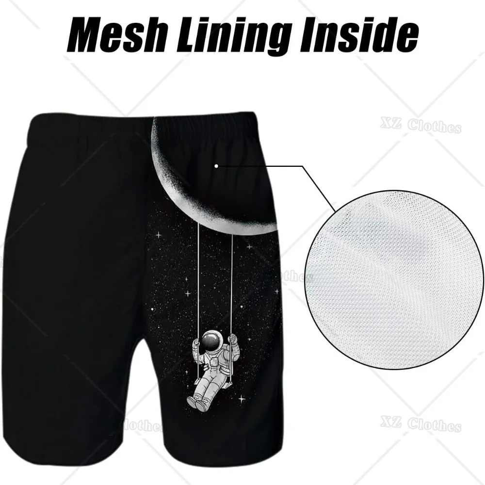 Astronaut Hanging on The Moon Men's Beach Shorts Drawstring Elastic Waist Quick Dry Swim Trunks with Mesh Lining Swimwear Suits