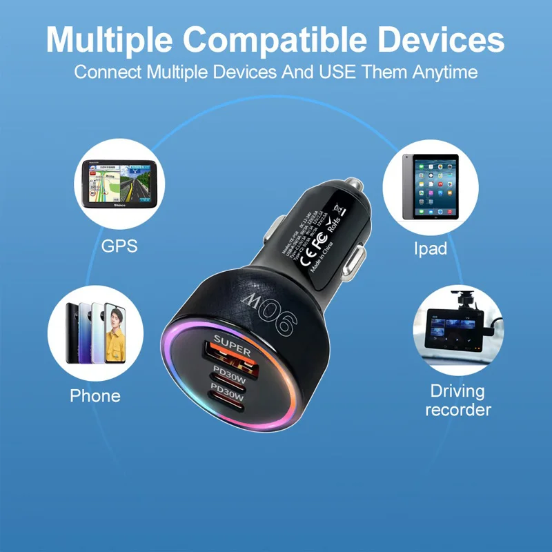 شاحن سيارة فائق السرعة بقدرة 90 وات 3 منافذ QC3.0 + 2xPD30 وات لهواوي/آيفون/سامسونج/شاومي/فيفو محول ولاعة سجائر سريع الشحن
