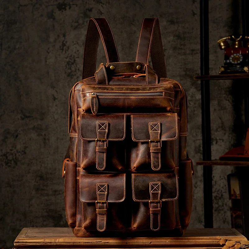 Retro Handmade Cowhide Leather Backpack Vintage Genuine Large Capacity Satachel Bag Crazy Horse Should Men