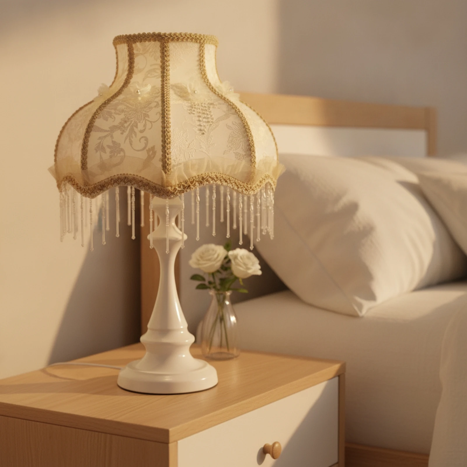 Fringe Table Lamp Ornate Table Lamp with Textile Shade Corded Elegant for Girls, Bedroom, Reading Corner view 4